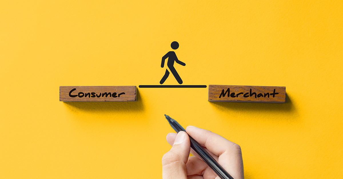 two blocks, left says consumer, right says merchant. User drawing line to connect the two blocks to show GroupBy bridging the gap between merchant and consumer