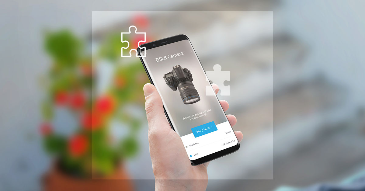 man holding phone purchasing dslr camera with overlay of adCaptcha puzzle pieces