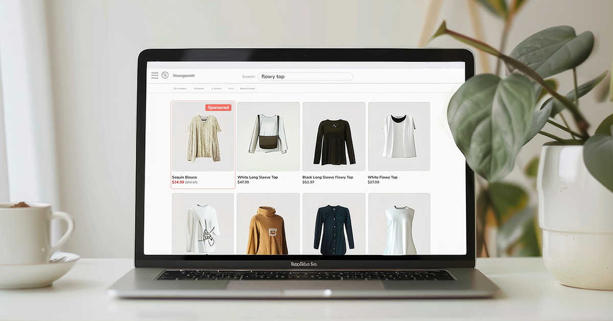 retail store website showing search results for a flowy top with first product sponsored