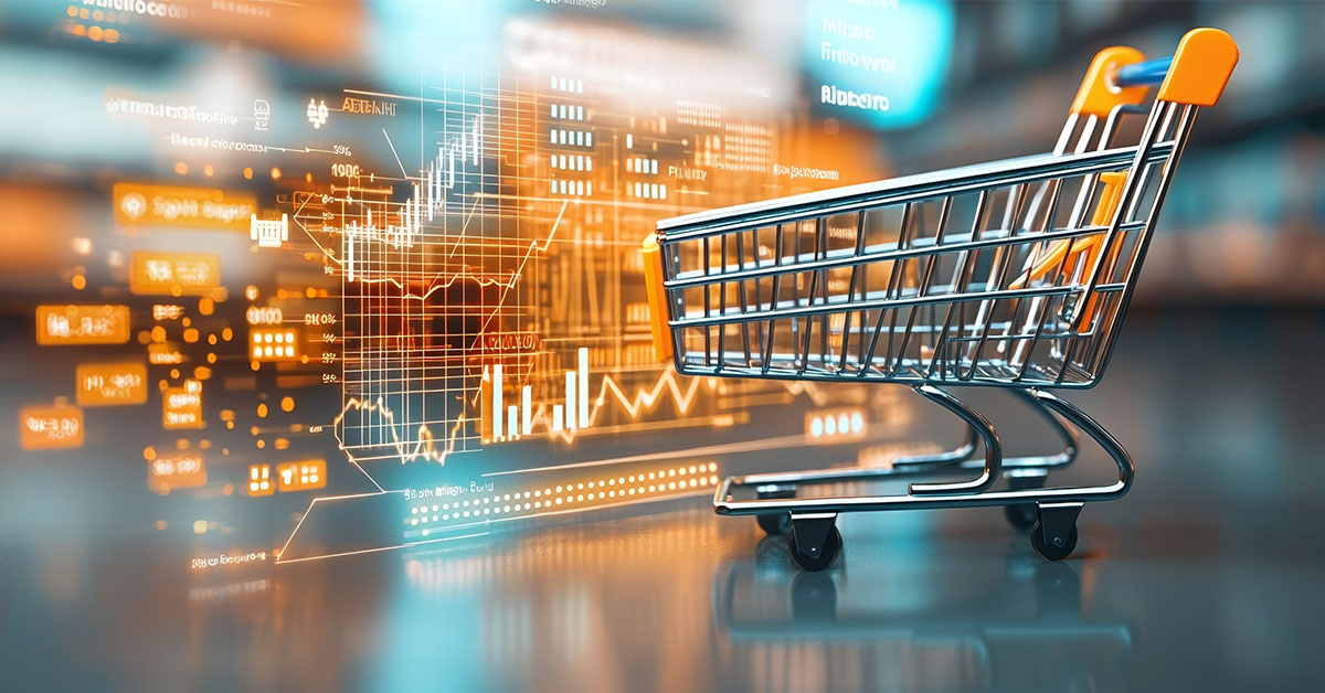 eCommerce product data enrichmint - shopping cart in front of product data analytics showing increase in revenue