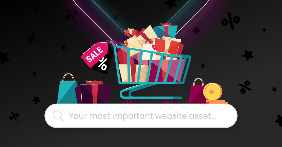 Graphic of Black Friday shopping cart with a search bar that says 'Your most important online asset'