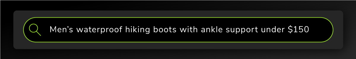 Search bar that says 'Men’s waterproof hiking boots with ankle support under $150'