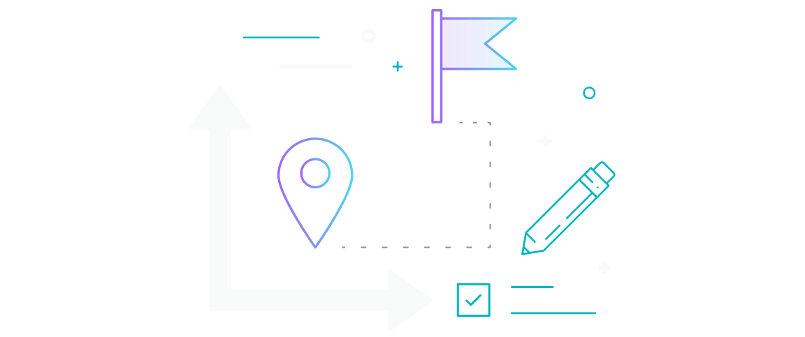 GroupBy strategy graphic of starting point to destination with pencil and checkmark