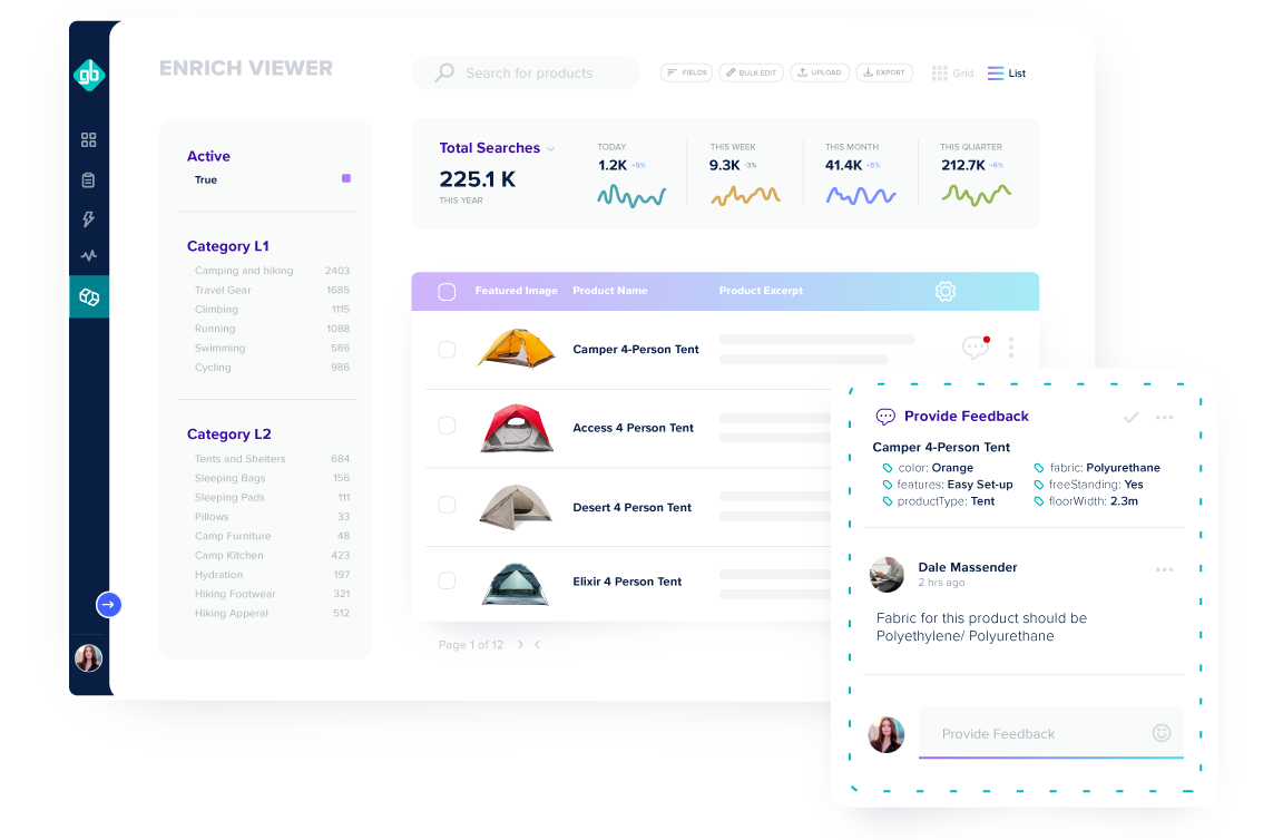Preview look at GroupBy's Enrich Viewer - user-friendly design, geared to give your team a window into how customer search results lead to higher conversion rates