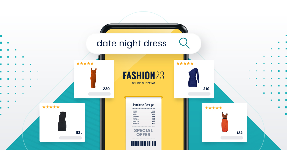 eCommerce search results page for date night dress showing buyable and personalized dresses on a mobile device. 