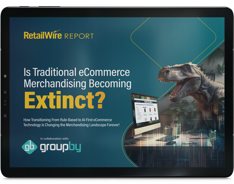 Is traditional eCommerce Merchandising Becoming Extinct? eBook cover featuring a dinosaur looking at a legacy merchandising solution on an eCommerce website