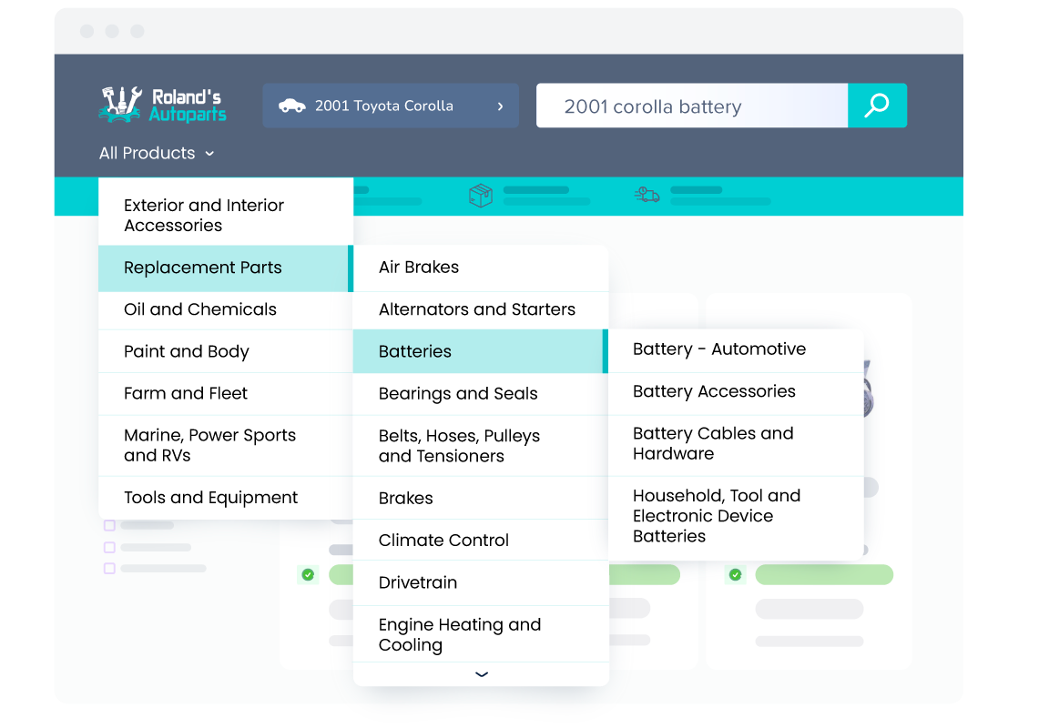 Fitment browse search showing a user browsing through the navigation bar without needing to re-enter their vehicle make and model