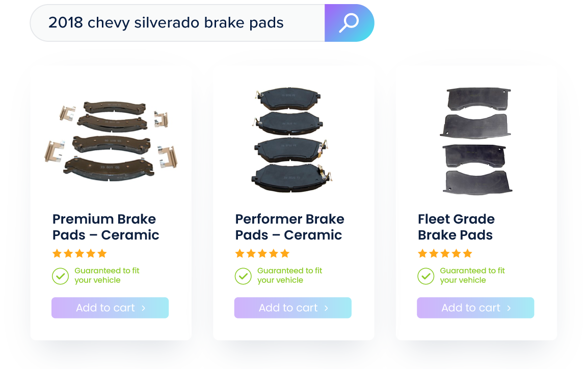 Fitment graphic showing search bar of 2018 chevy silverado brake pads with accurate query results to explain semantic query understanding