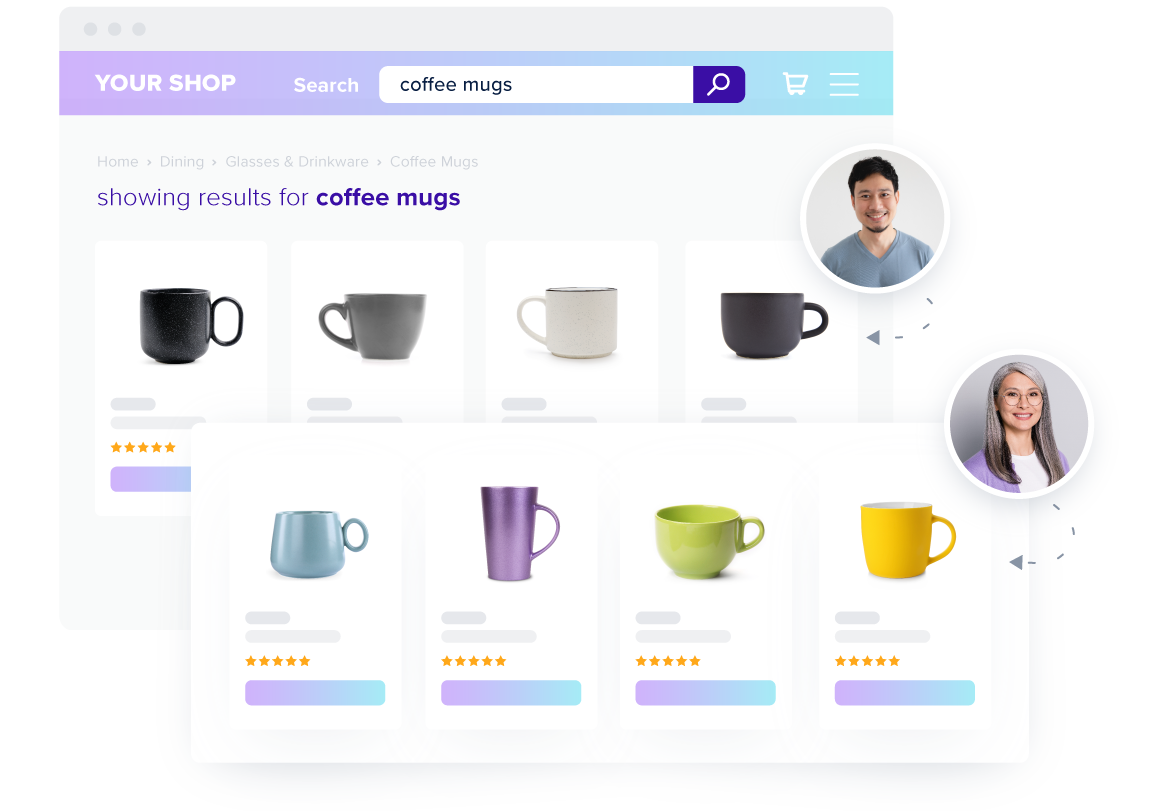 GroupBy's search engine provides hyper-personalized search results. Graphic shows two online shoppers searching for coffee mugs. Each shopper has unique results tailored to their own tastes