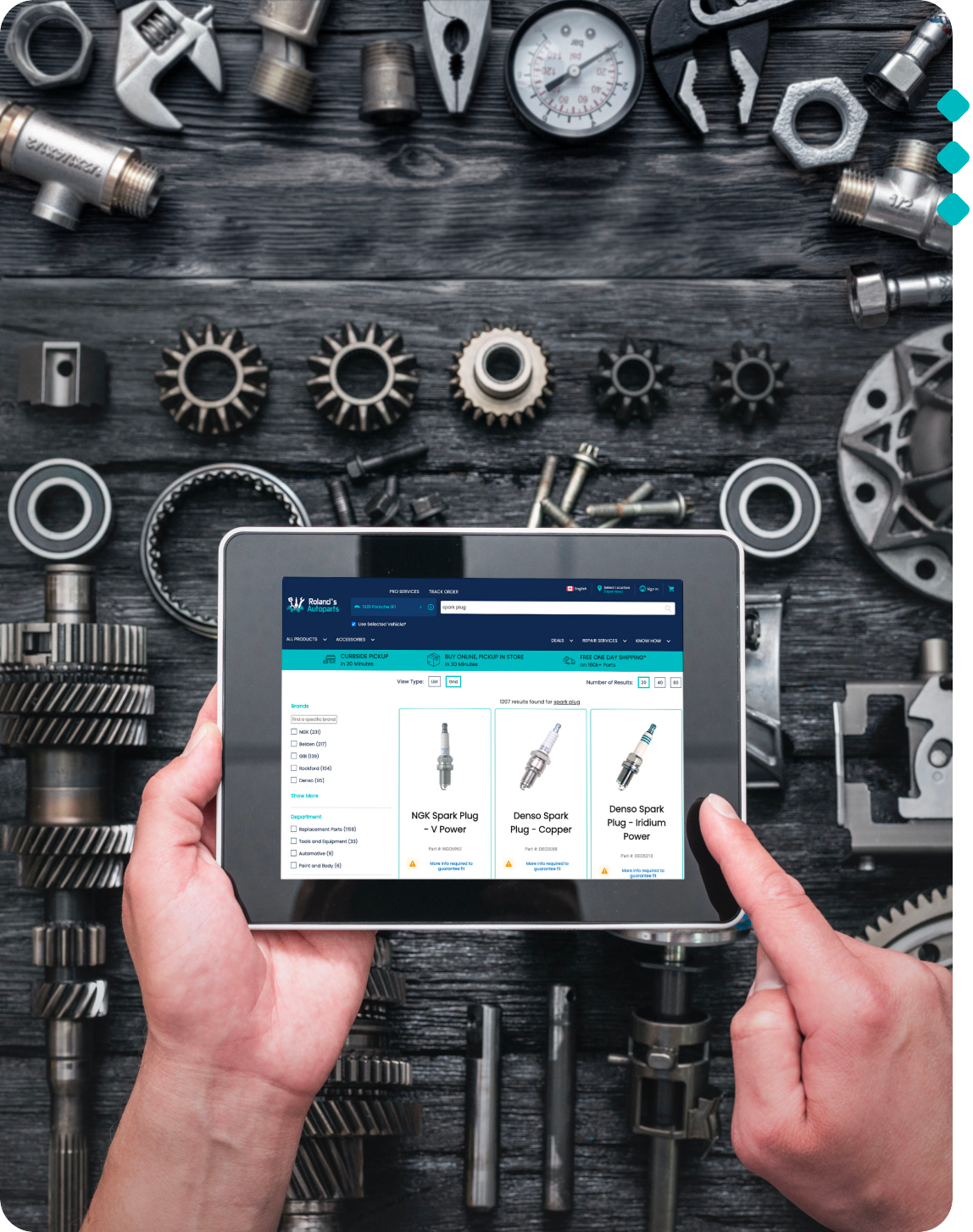 tablet screen showing Roland's Autoparts featuring GroupBy's fitment feature for eCommerce search and product discovery