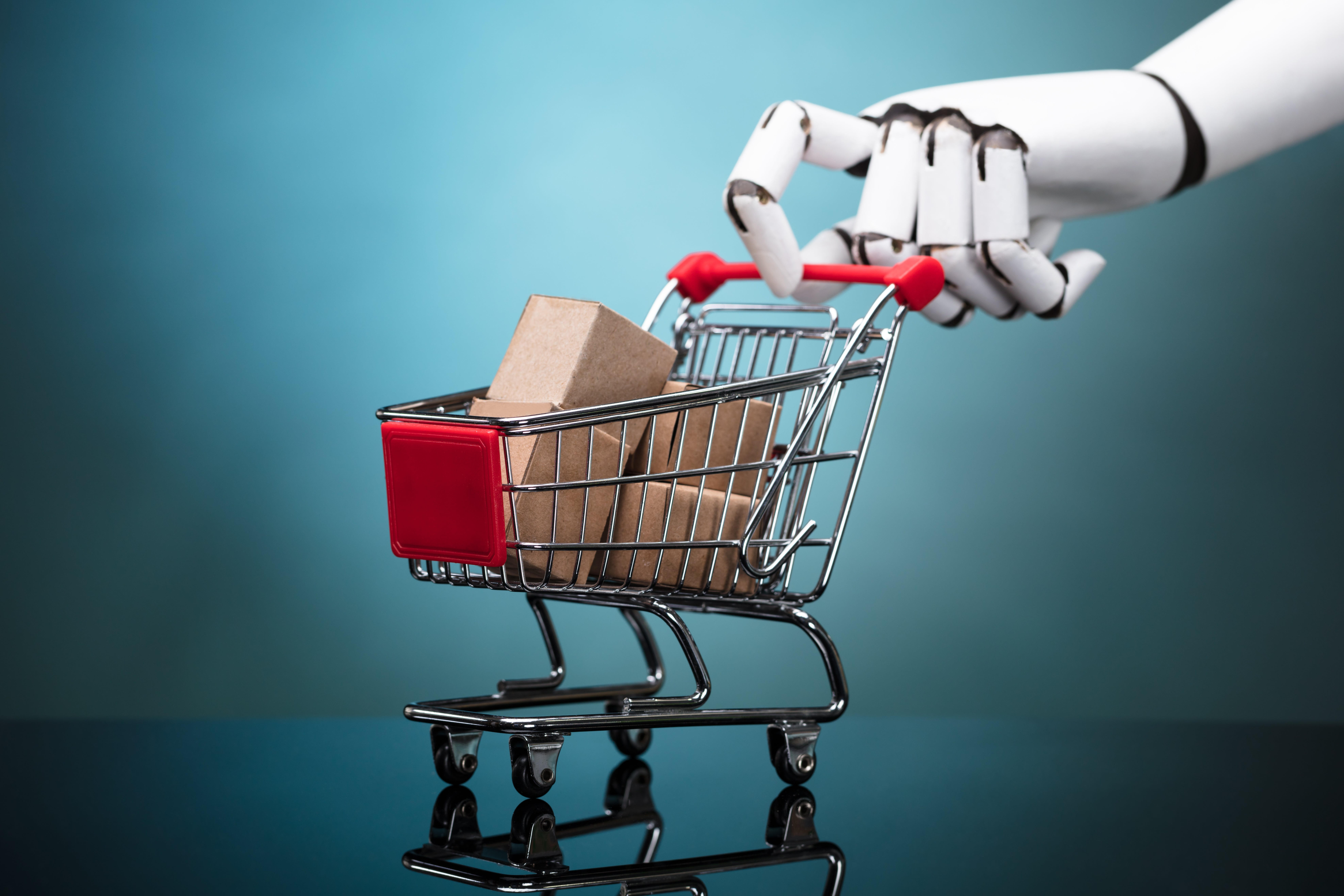 AI robot arm holding shopping cart