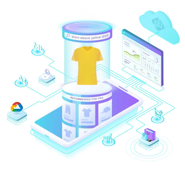 GroupBy's next-generation eCommerce search engine, powered by Google Cloud Vertex AI Search for Retail, displaying accurate and relevant search results for short sleeve yellow shirt