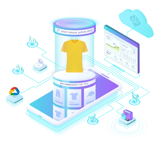 GroupBy's next-generation eCommerce search engine, powered by Google Cloud Vertex AI Search for Commerce, displaying accurate and relevant search results for short sleeve yellow shirt